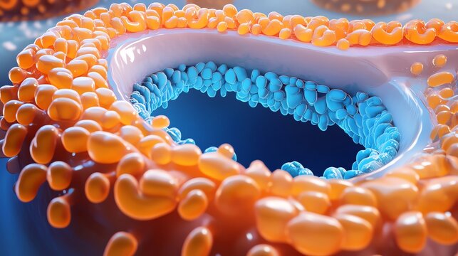 Details of a Lipid Droplet Structure Showcasing Blue and Orange Fat Globules Under Microscopic Observation