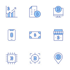 Bitcoin icons set. Line Duotone style, editable stroke. graph, chip, smartphone, money, objective, seed phrase, store, placeholder, bitcoin