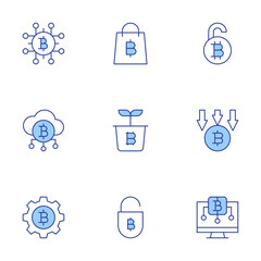 Bitcoin icons set. Line Duotone style, editable stroke. money, cloud, setting, lock, grow up, shopping bag, bitcoin