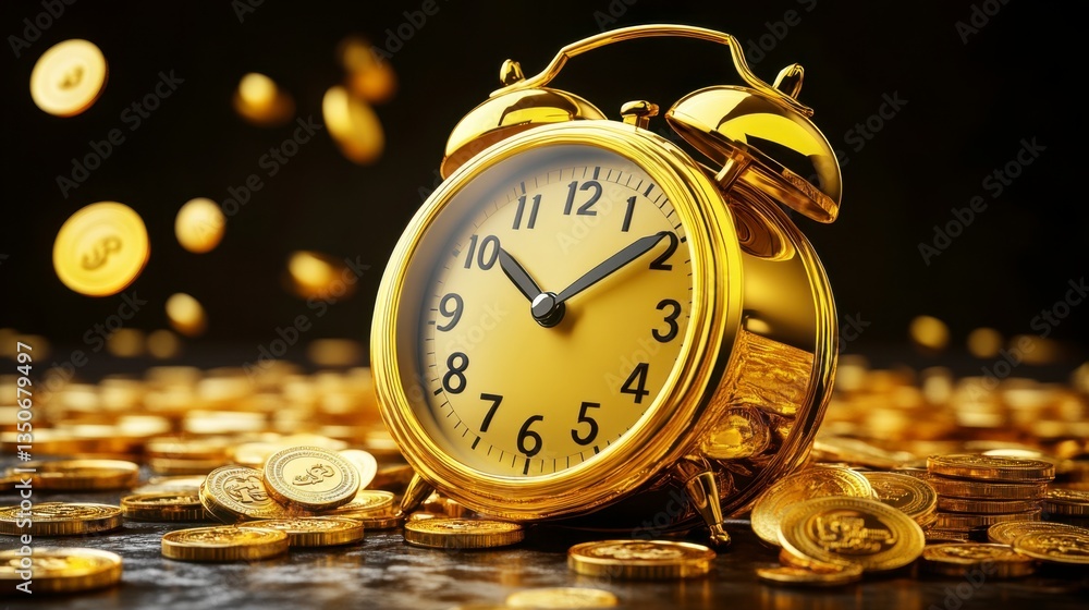 Poster gold alarm clock surrounded by golden coins on a dark background. floating coins add a dynamic feel.