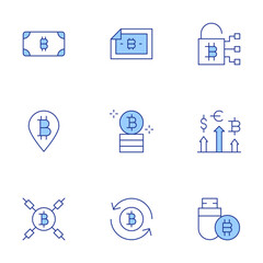 Bitcoin icons set. Line Duotone style, editable stroke. pendrive, locker, currencies, blockchain, bitcoin, exchange