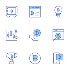 Bitcoin icons set. Line Duotone style, editable stroke. searcher, reward, safebox, cryptocurrency, bitcoin, bitcoins