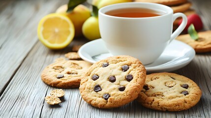 Delicious Chocolate Chip Cookies with Tea and Fruit