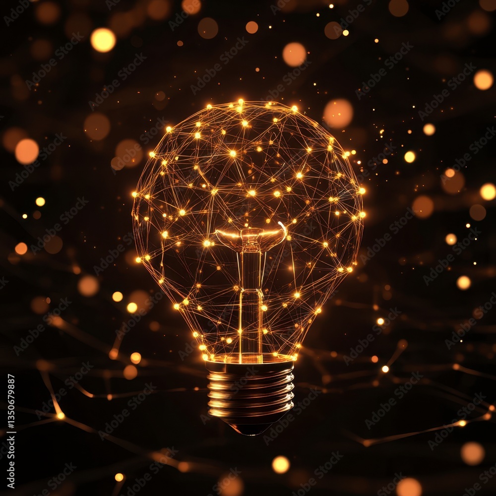 Aufkleber golden light bulb made of sparkling particles on dark background with bokeh effect and subtle networ