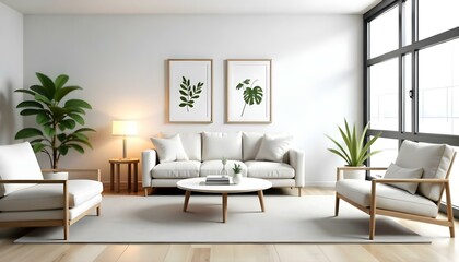 Fototapeta premium The style is 3D model with octane render volumetric, highly detailed for videogame design. A living room with a white sofa, two framed botanical prints on the wall, a round coffee table, and a floor 