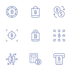Bitcoin icons set. Thin Line style, editable stroke. bag, calculator, blockchain, exchange, ticket, bitcoin, link