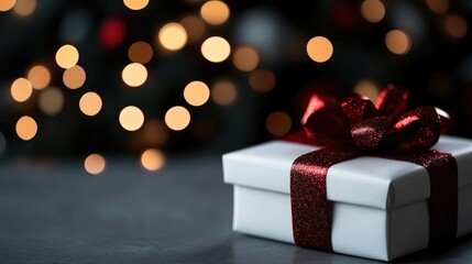 Festive gift box on a dark surface,  with twinkling lights in the background.  A small, white gift box is tied with a  red ribbon and bow. Soft lighting highlights the festive scene