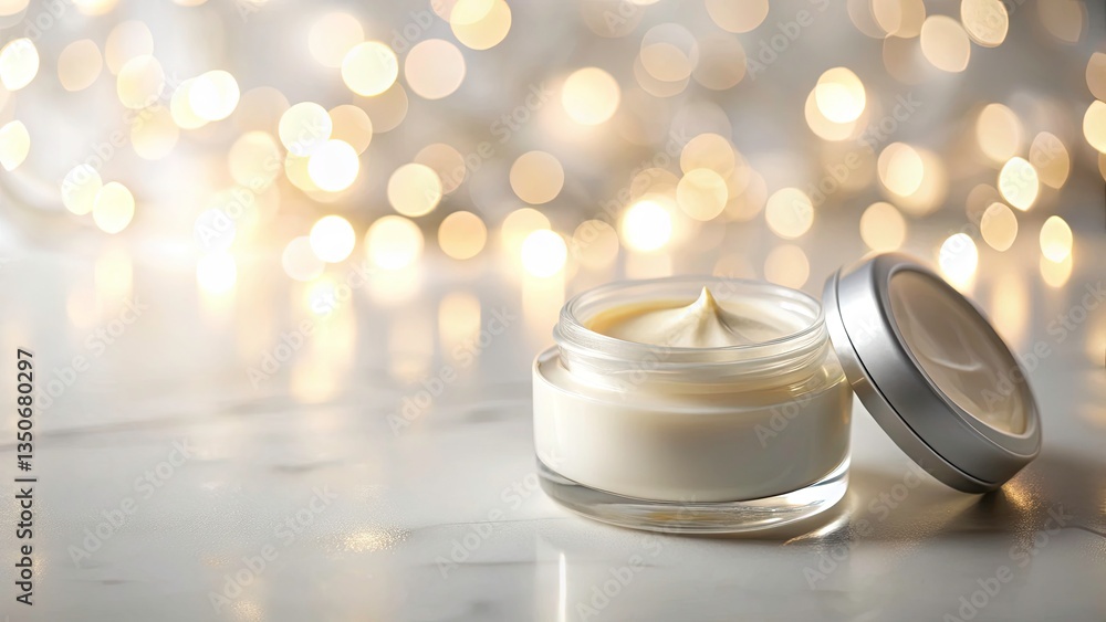 Aufkleber aerial cream jar shot with bokeh effect on clean white background for minimalist design and copy spa
