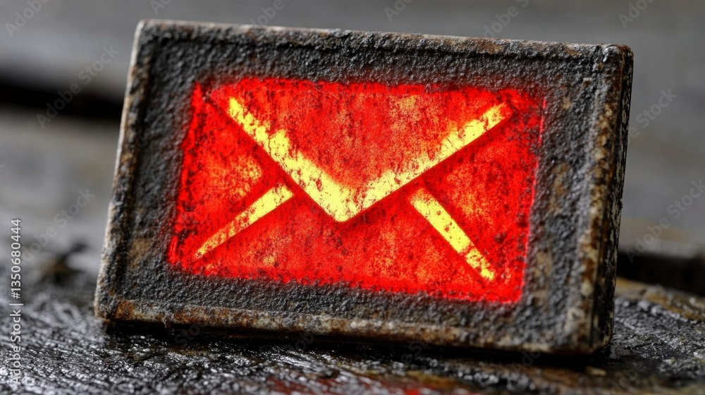 Poster red grunge email icon on dark textured background. the icon is slightly worn and appears metallic or