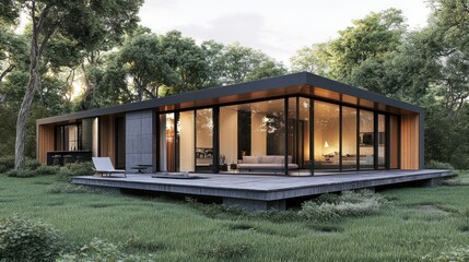 Obraz premium Modern house with large windows, wooden accents, and a deck surrounded by trees.