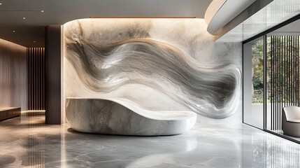 Modern lobby reception desk, marble wall, garden view