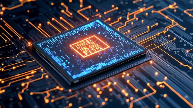 Close-up of an advanced computer processor showing intricate circuitry and data flow