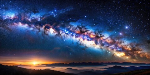 Stunning Night Sky Macro Photography of Milky Way, Nebula, and Stars Set Against a Deep Space Blue Background for Celestial and Astronomy Enthusiasts