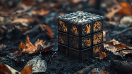 Obraz premium A weathered and aged cube sitting amidst fallen leaves on ground