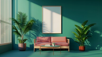 Modern Living Room Interior Design Teal Walls Pink Sofa Plants Mockup Poster