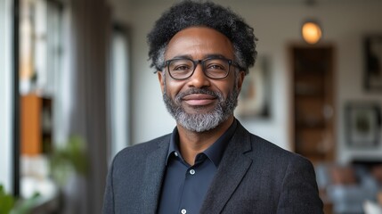 Portrait of a Confident Mature African American Man Wearing Glasses and a Stylish Blazer in a Modern Home Setting Professional    