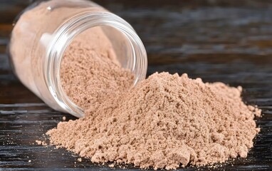 Brown Powder Spilled from Glass Jar on Dark Wood