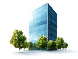 Modern skyscraper with green trees on white background