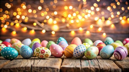 Easter Egg Corner Border with Colorful Pastel Patterns on Wooden Background for Holiday Designs, Spring Celebrations, and Festive Decorations