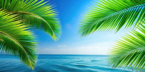Fototapeta premium Tropical Paradise Wallpaper: Blue Sky, Green Palm Leaves, Ocean View