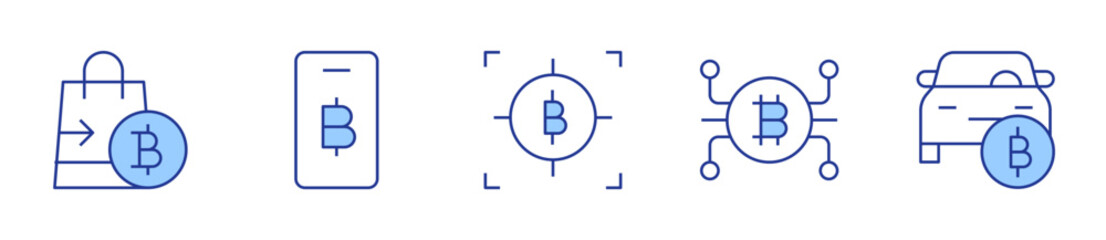shopping bag, cryptocurrency, smartphone, bitcoin. Bitcoin Icon vector illustration. Line Duotone style. Editable stroke