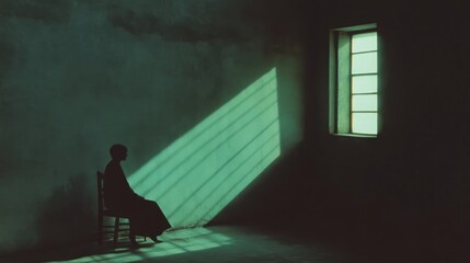 Silhouette of a figure seated in a dimly lit room, bathed in sunlight through a window