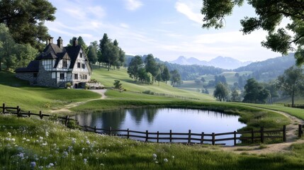 Obraz premium Idyllic countryside landscape with pond and house reflecting in water