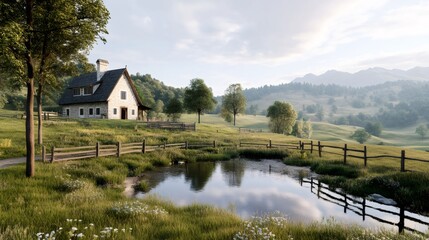 Idyllic countryside landscape with pond reflecting farmhouse and mountains