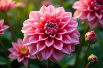 Intricate dahlia blooms, vibrant colors, lush petals , colorful, bright