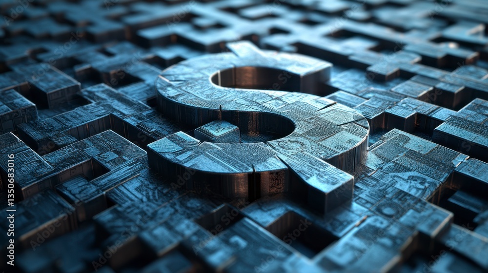 Poster abstract 3d rendering of a metallic dollar sign embedded in a complex grid of dark blue cubes. the i