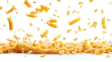 Spirals of uncooked pasta swirl and scatter in mid-air against a clean white backdrop, showcasing culinary creativity
