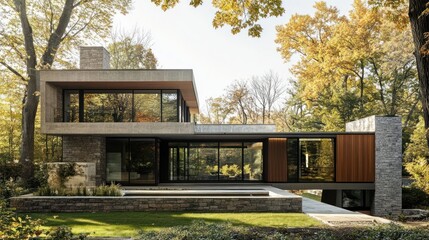 Obraz premium Modern house with stone facade, large windows, and autumn trees.
