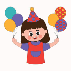 Happy Girl Holding Balloons Birthday Cartoon Character Illustration