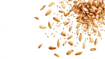 A close-up view of scattered golden grains on a white background, showcasing their texture and color for culinary use