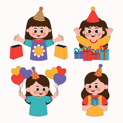 Set Cute Girl Birthday Cartoon Flat Design Character Illustration