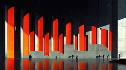 Modern architectural interior with vibrant red accents