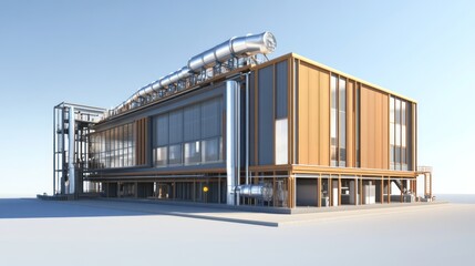 Obraz premium Modern industrial building with wood and metal exterior, showcasing clean energy technology.