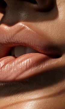 Close-up view of lips with a shiny, hydrated appearance, partially in shadow