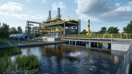Fototapeta premium Modern industrial plant with water treatment system and green landscape.