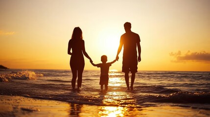 Silhouetted family of three holding hands at sunset on the beach, with gentle waves lapping at their feet