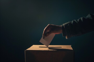 A hand casting a vote into a ballot box in dim light