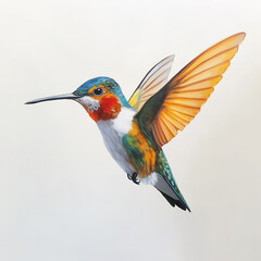 Fototapeta premium Hummingbird in Flight: A vibrant hummingbird, wings outstretched, showcases its iridescent plumage.