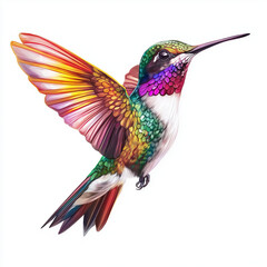 Hummingbird's vibrant flight: A vividly colored hummingbird, showcasing its stunning array of rainbow-hued plumage as it hovers mid-air.