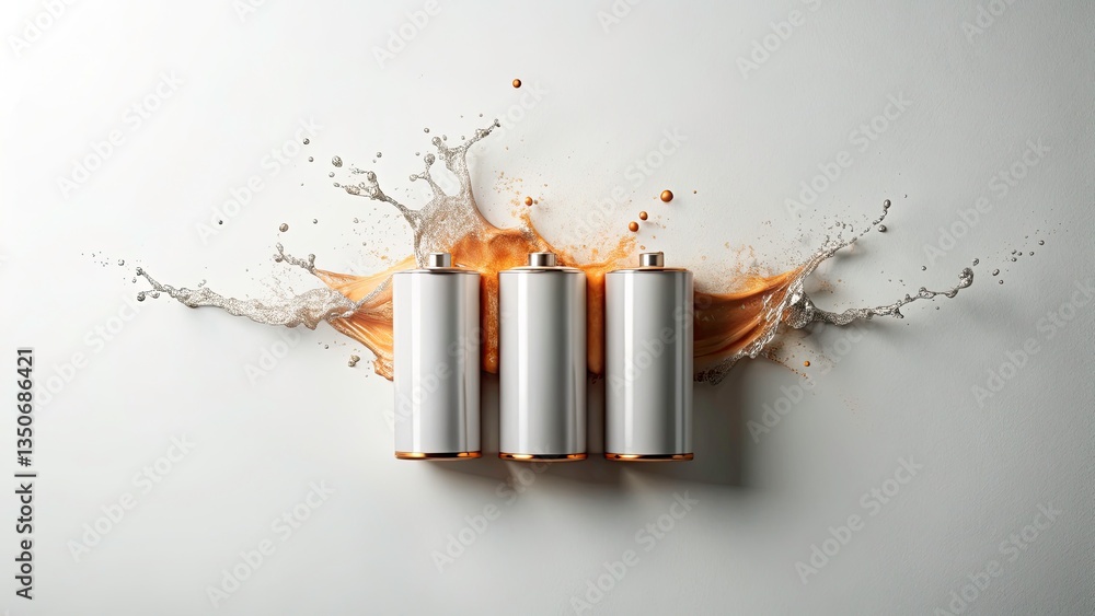 Poster aerial shot of battery with leading lines and splash effect on white background for creative copy sp