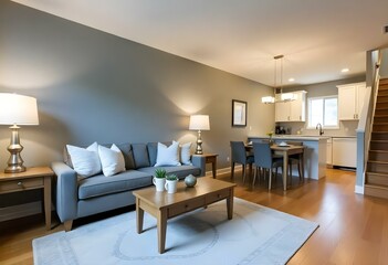Fototapeta premium Living room with gray sofa, wooden coffee table, gray walls, staircase , hardwood floors, rug, lamps, and open kitchen in the background 