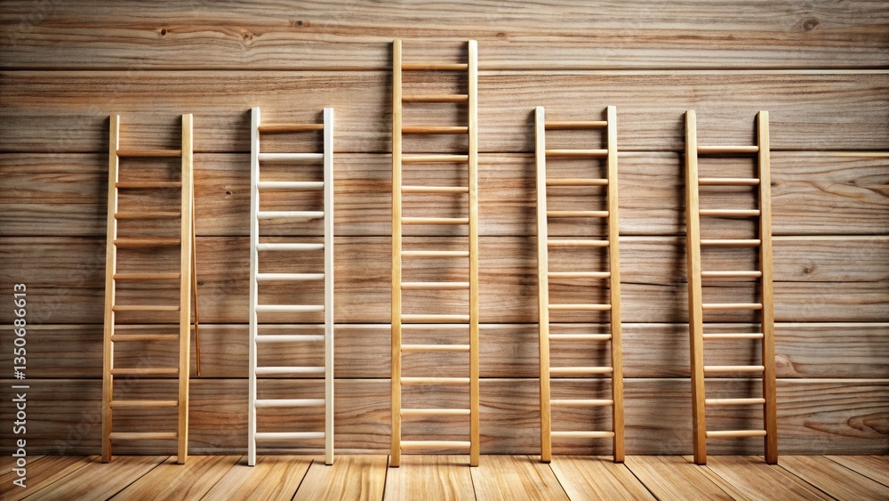 Poster aerial shot of bird ladders with leading lines on wooden texture, glass reflection, left positioned 