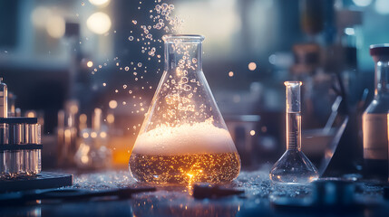 of a round-bottom flask with a chemical reaction producing a visible gas and colorful bubbles, with soft lighting casting shadows on the table 