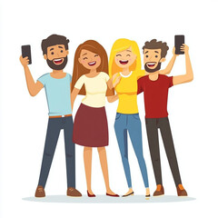 Obraz premium Happy young friends taking a cheerful selfie together using smartphones stylish casual wear fun group media style image