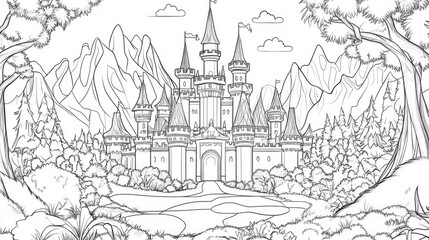 Enchanting castle surrounded by lush forests and mountains, offering a serene landscape for creative endeavors