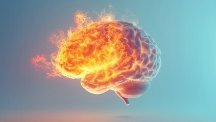A glowing illustration depicts a burning brain in a vibrant display